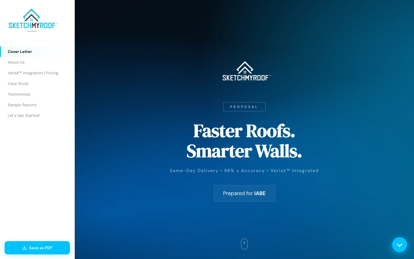 Actual Sketch My Roof proposal cover: Faster Roofs. Smarter Walls. Prepared for IABE.